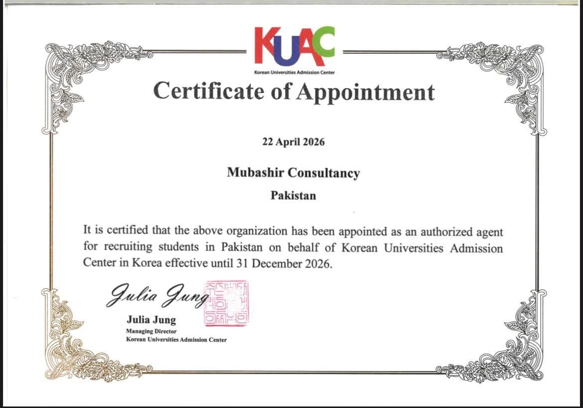 Certificate of Appointment from the Korean Universities Admission Center appointing Mubashir Consultancy as an authorized agent in Pakistan