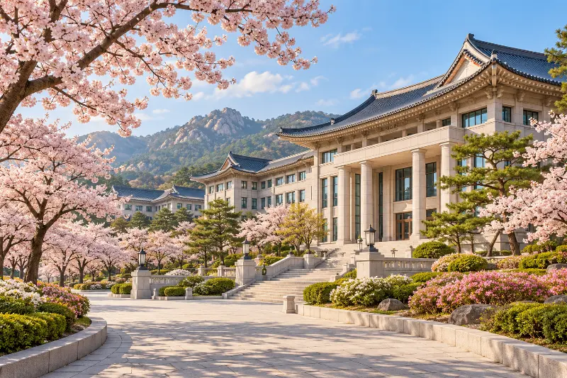 Korean campus architecture framed by cherry blossoms