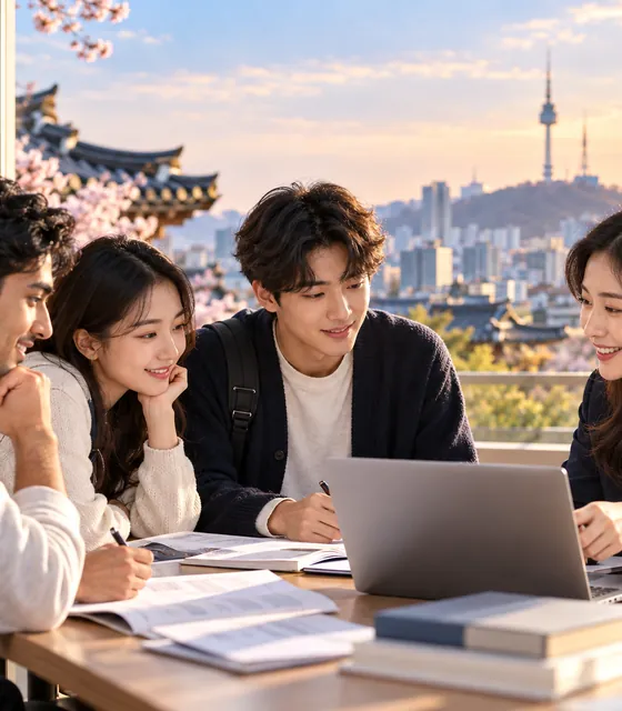 Students studying together at a laptop with a view over Seoul