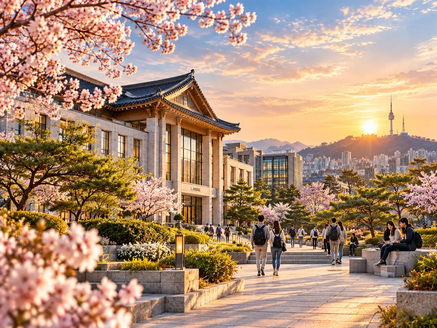 Students walking through a Korean university campus in spring, with a traditional roof, cherry blossoms and N Seoul Tower at sunset
