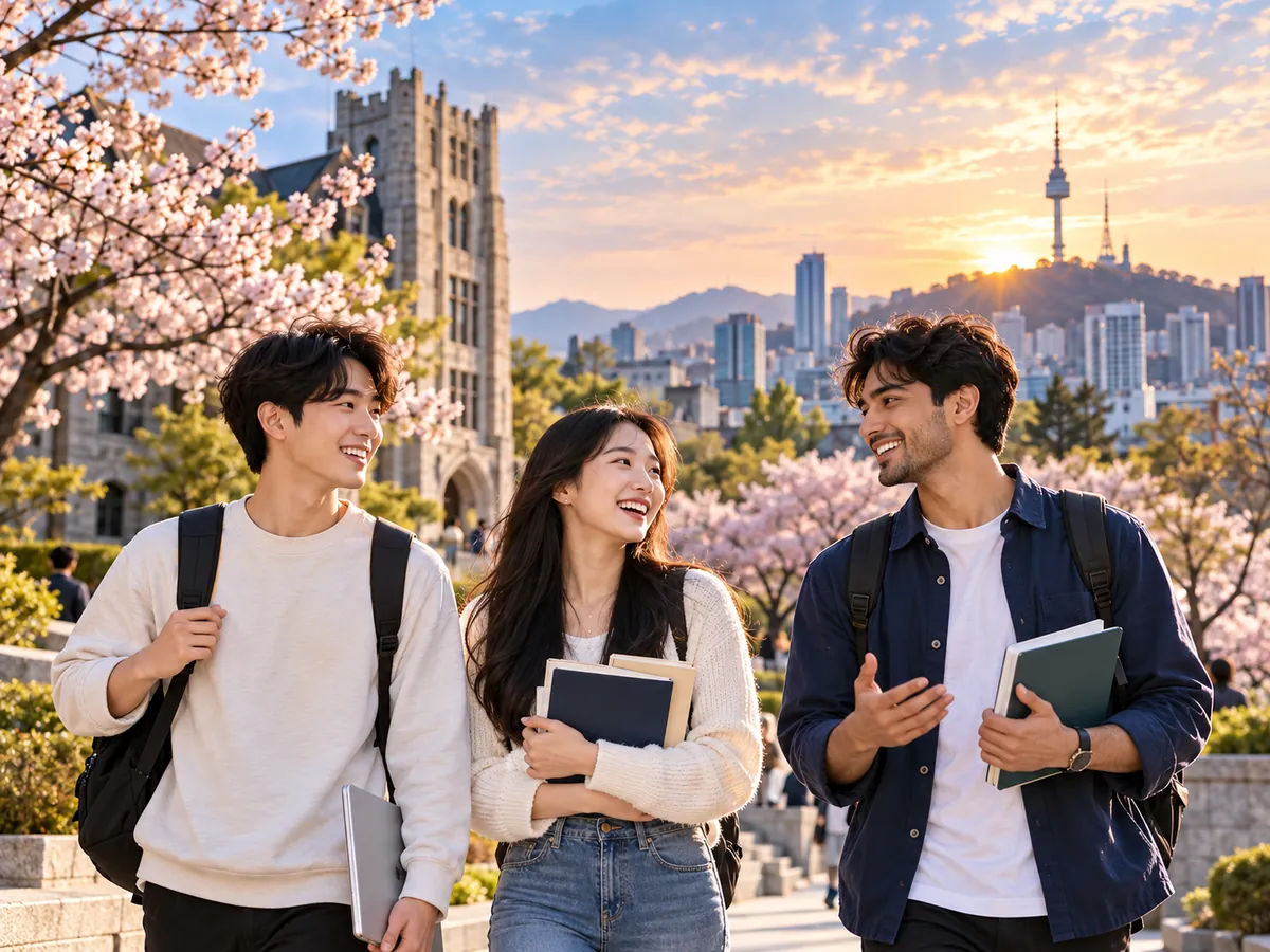 Three international students talking on a Korean campus in spring, with Seoul and N Seoul Tower behind them